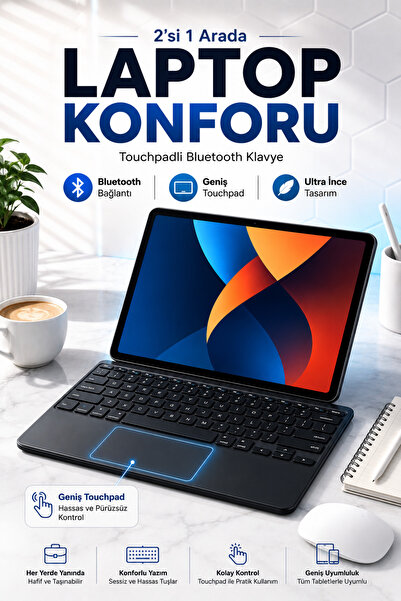 Zineets Kablosuz Şarjlı Bluetooth Klavye Mouse Touchpadli Seti Ultra Slim Tab...