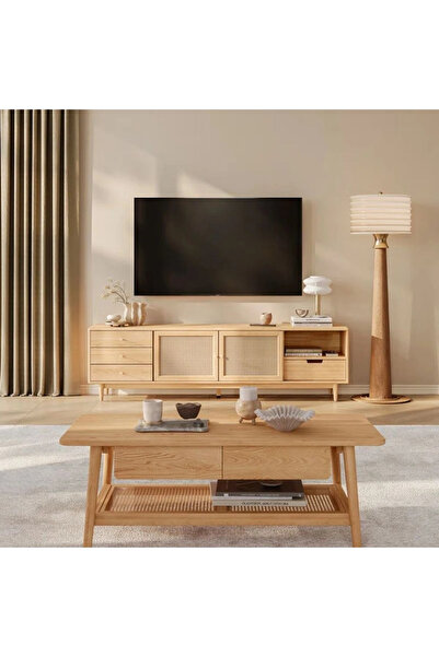 WoodenDecoration01 Ahşap Rattan Kapak Detaylı Modern Tv Ünitesi
