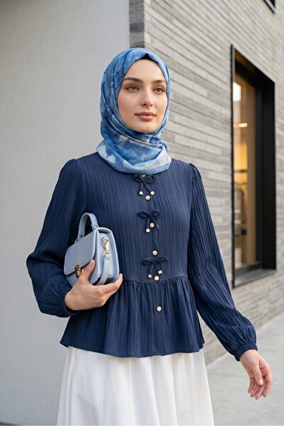 Modamorfo Buttoned Blouse with Bow Detail on the Front and Elastic Sleeves -Laci
