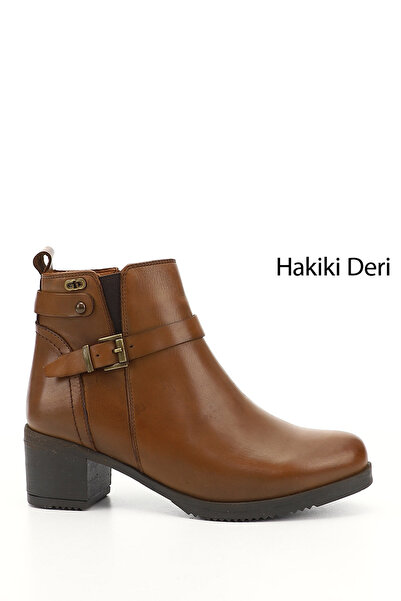 GÖNDERİ(R) Women/Girls Tan Antique Zippered Thick Heeled Genuine Leather Boots