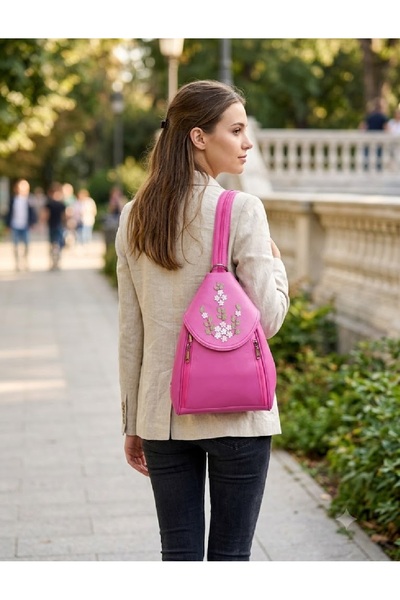 Durush Collection Genuine Leather, Fuchsia Backpack with Designer Hand-Crafte...
