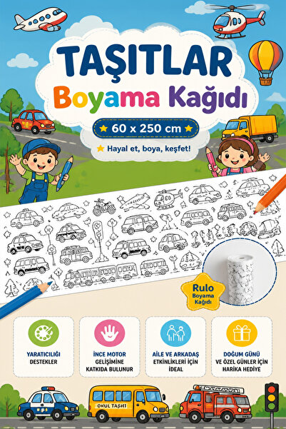 kutuTR Taşıtlar Serisi Dev Boy Boyama Rulosu 60x250 cm