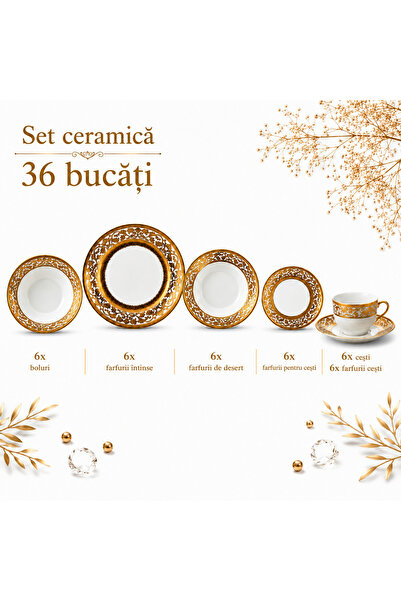 opulentmaison Set veselă 36 piese pentru 6 persoane, ceramică albă cu model a...