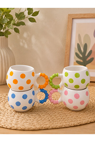 İZart 4' Pearl Handle Polka Dot Patterned Hand Embroidered Ceramic Mug