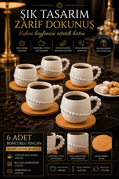 YzHome 6 Kişilik 12 Parça Bambu Tabaklı Beyaz Porselen Kahve Fincan Takımı Se...