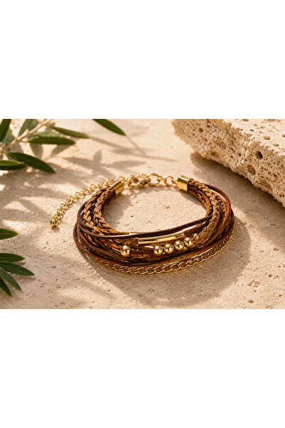 Kutcha Accessories Kahverengi Süet Ve Gold Çoklu Kadın Bileklik