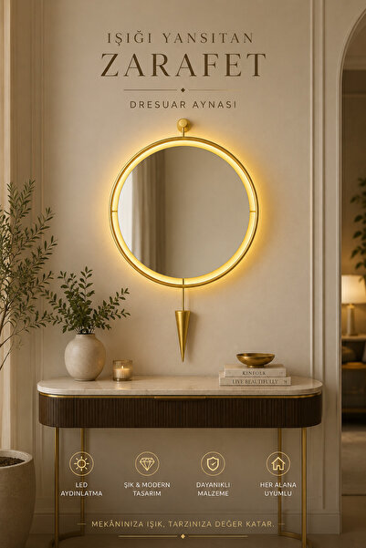 Gold Pendulum Mirror with Wireless LED Light - Elara | Decorative Modern Design Mirror with Oversized led