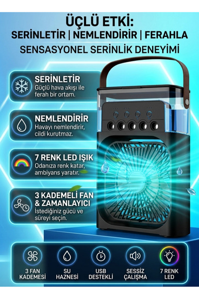 KATJMER KTFN-21 Şarjlı Su Hazneli Klima Fan Buhar Üflemeli Siyah Ve Beyaz
