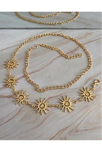 Mynoa Gold/Güneş Figürlü,Zincirli Bel kemeri,Kadın Kemeri,Pantalon Kemeri