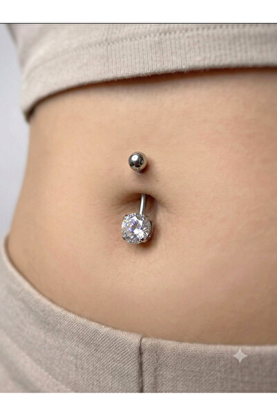 kurukafagift Göbek Piercing Çelik Zirkon Taşlı Düz Model