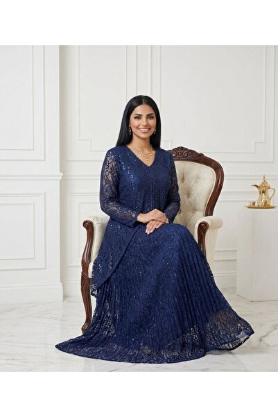 sea gulf Long Dress in Navy Blue with Lace Sleeves