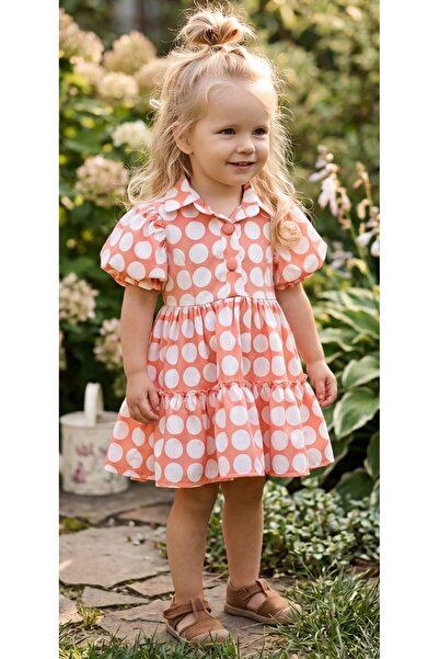 VİŞNE BEBE Girl's Polka Dot Shirt Collar Balloon Sleeve Summer Dress