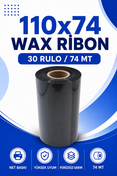 Küresel Etiket Barkod 110x74mm Wax Ribon | 30 Rulo | 74 Mt | Yüksek Kalite | ...