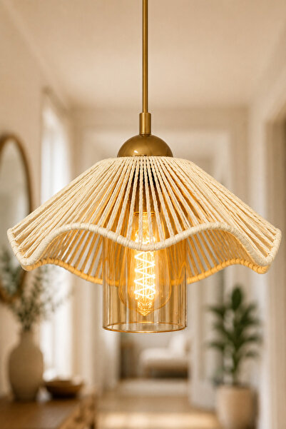 Tropical Drawstring-glass Single Chandelier~CREAM • • Bohemian Rattan Chandelier Wicker Pendant Natural Decorative Hall || HONEY PIPE GLAZED || Single Pendant Models Lamp Entrance Hall Chandelier Entrance Decor Hall