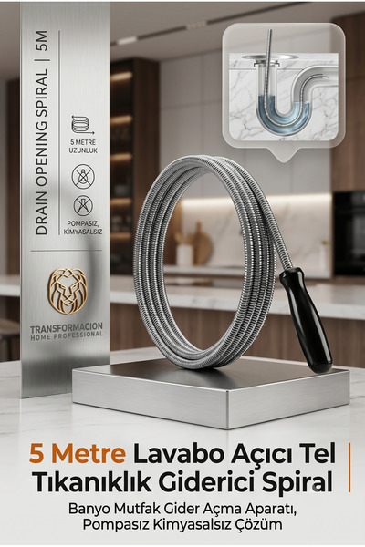Transformacion 5 Metre Spiral Gider Boru Lavabo Açıcı Tel | Tıkanıklık Gideri...