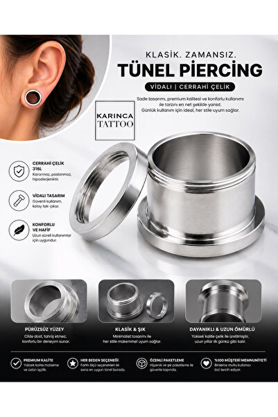 Karınca Piercing Siyah Veya Silver Gümüş Rengi Çelik Kulak Tünel Piercing (ka...