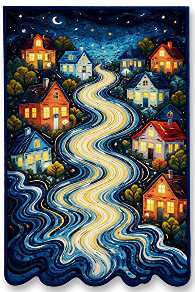 Mosso Night Themed River and Houses Patterned Woven Base Modern Decorative Carpet mosso2168