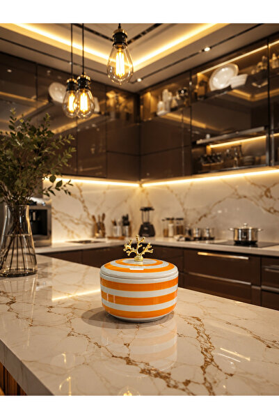 ferayhome Dekoratif Kutu Şekerlik Seramik Obje Soft Sarı Klasik Zebra Gold