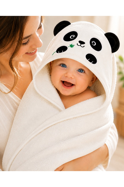 Tomuycuk %100 Pamuklu & Başlıklı Bebek Banyo Havlusu - Panda Nakışlı & Havlu-...