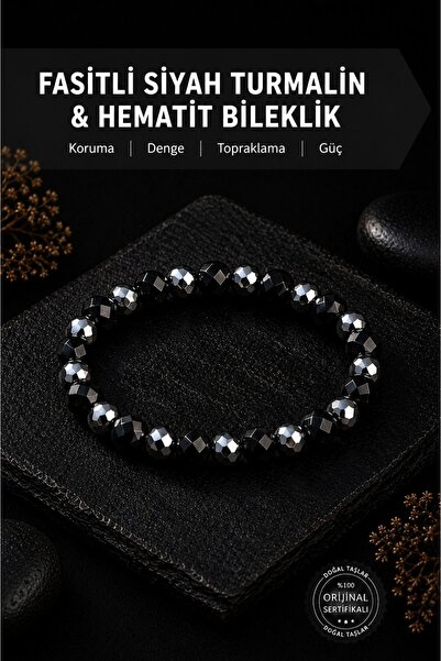 Saff Doğal Taş Faceted Black Tourmaline & Hematite Bracelet