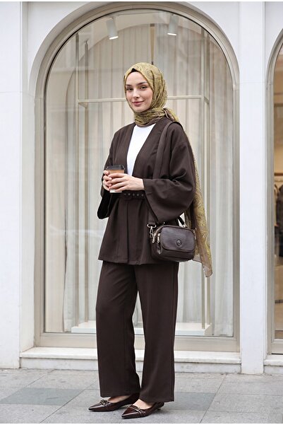 Modamorfo Kimono Set with Belted Trousers -Brown