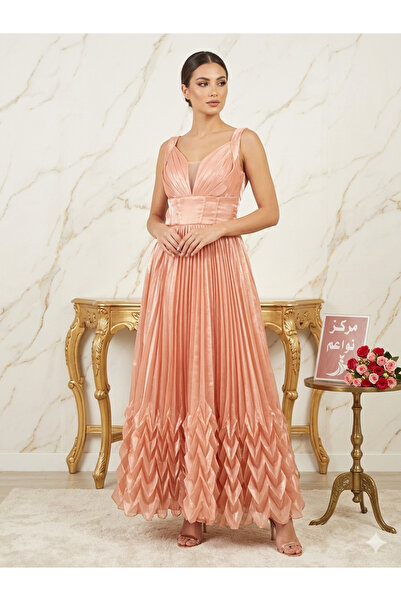NAWAEIM Caramel Color Long Evening Dress with Luxurious Gazar Fabric and Ruff...