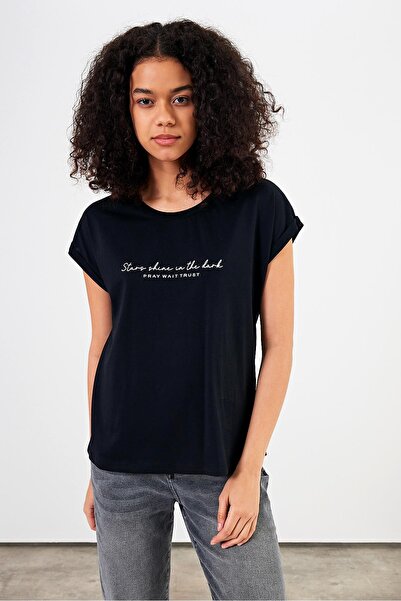 VENA Women's Shine Crew Neck Printed Regular Fit T-Shirt 100% Cotton - Black