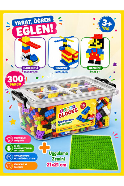 p parti oyunevi Yeşil Uygulama Zeminli Mikro Blok Funny Blocks 300 Parça Plas...