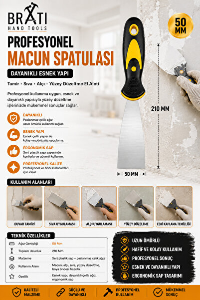 BRATİ HAND TOOLS Profesyonel Macun Spatulası 50 Mm Dayanıklı Esnek Yapı Tamir...