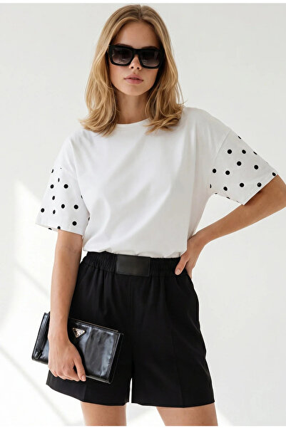 Olalook Women's White Polka Dot Decorated T-Shirt Tsh-19001006
