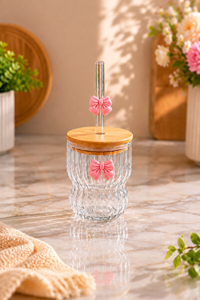 İnterlife Fiyonk Detaylı Cam Pipetli Kahve Bardağı Smoothie ve Meyve Suyu Bar...