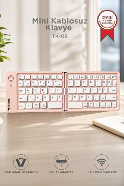 Torima Kablosuz Klavye Bluetooth Katlanabilir Şarjlı Mini Klavye TK08 Pembe