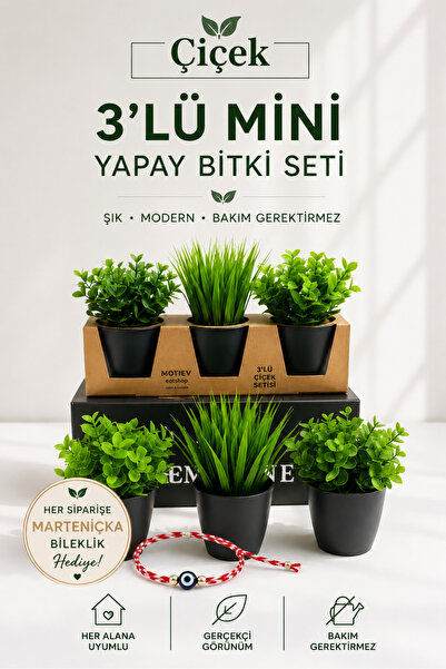 3-Piece Mini Artificial Plant Set – Modern Table Top with Decorative Potted