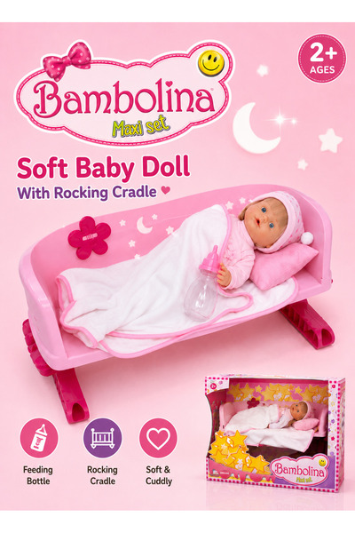 BAMBOLİNA دمية بيبي نينا مع سرير وملحقات 36 سم - مناسبة للأطفال من عمر سنتين ...