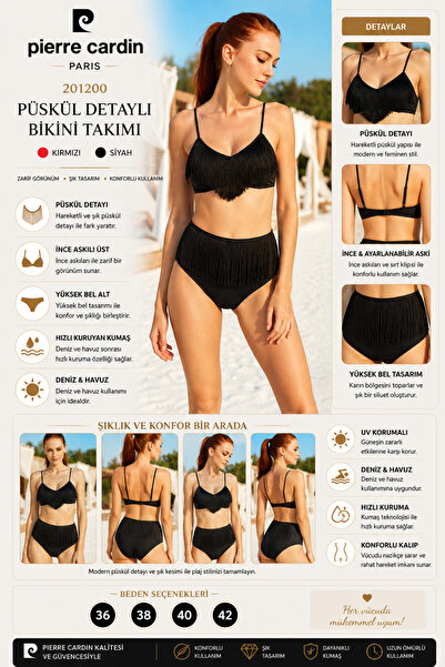 Pierre Cardin Kadın Püskül Detaylı Yüksek Bel Bikini Takım 201200 Siyah