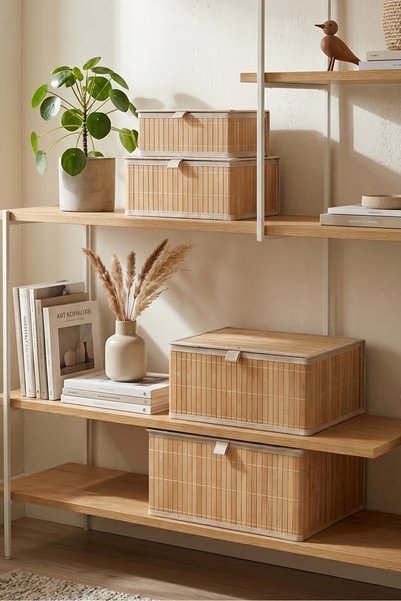 AVANTAGE HOME Marion - Set of 4 Bamboo Multi-Purpose Baskets with Inner Protection, Covers, Organizer, Storage Box