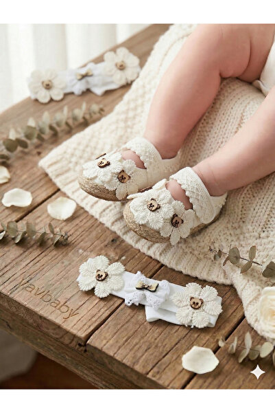 VaVbaby Baby Girl Bandana Teddy Bear and Floral Patterned Baby Shoes - Mevlüt...