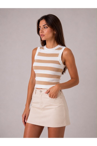 Oyer Moda Çizgili Crop Kadın Triko