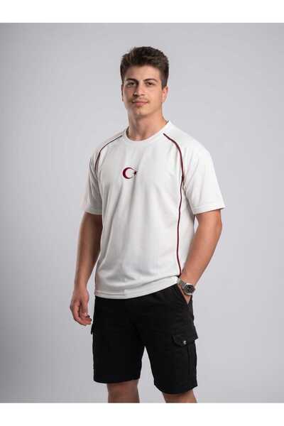 birgün tekstil Ay Yıldız Kabartma Nakışlı T-Shirt Kırık Beyaz Bisiklet Yaka