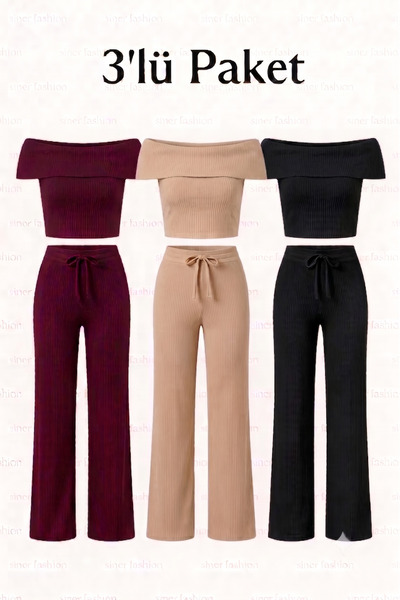 Siner Fashion طقم بلوزة مادونا نسائية مكون من 3 قطع مع بنطلون واسع الساق