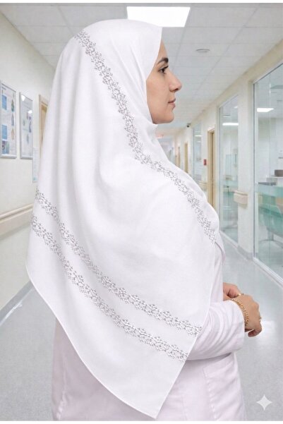 Veil Designer طرحة بوال ابيض بقماش ياباني تطريز ابيض و رمادي المقاس : 60 * 190