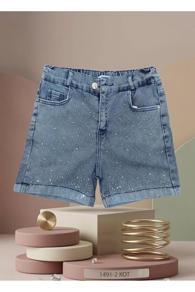 meyastore Girl's Denim Shorts with Stone Embroidery and Elastic Denim