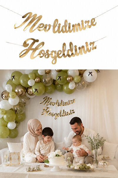 Parti dolabı 1 Adet Gold Mevlidimize Hoşgeldiniz Altın Kaligrafi Yazı Banner Sünnet Bebek Diş Mevlidi Yazı 160cm