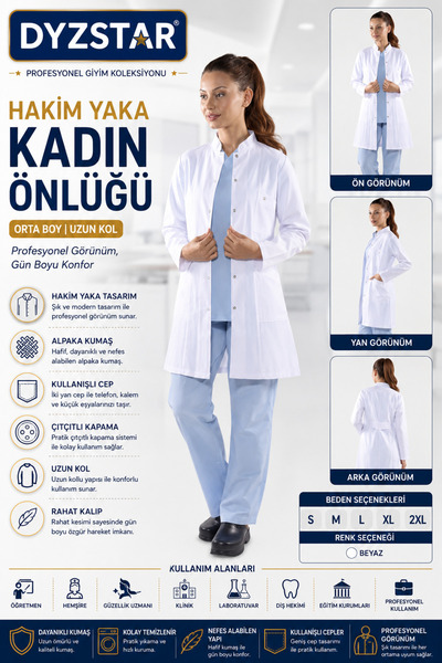 DYZSTAR Orta Boy Alpaka Öğretmen Hemşire Önlüğü Hakim Yaka Uzun Kol Çıtçıtlı ...