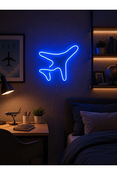 STUDYO YORA Uçak Figürlü LED Neon Duvar Tablosu | Mavi Aydınlatmalı Modern De...