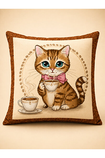 Tilda BSC. & Home Kırlent Kılıfı 43x43 Sevimli Kedi Kahve Temalı Dekoratif Ya...