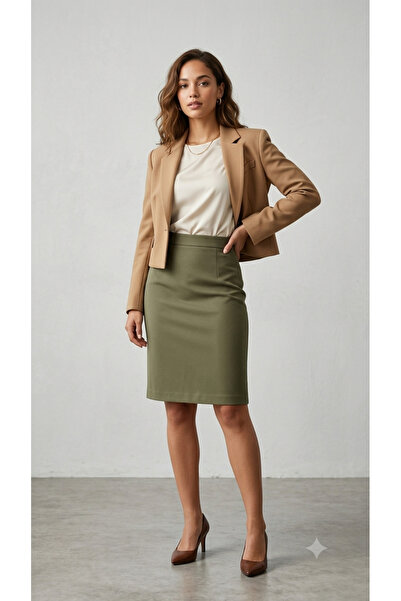 Sublime Butik Women's Khaki Color Viscose Style Mini Office Style Skirt