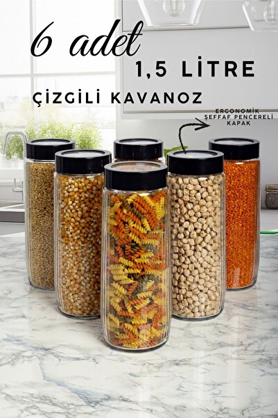 Tercih Home 6 Adet Mega Boy Uzun Dik Saydam kapaklı Çizgili Cam Kavanoz Seti ...
