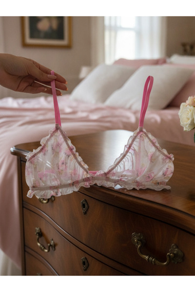 BONBON Women's Transparent Tulle Ruffled Unwired Unpadded Bra Bb2083