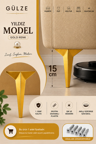 GÜLZE (15 cm) MAT GOLD Renk YILDIZ Model Mobilya Ayağı (Mobilya Ayağı, Dolap,...